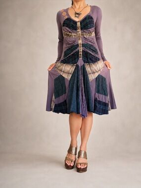 Desigual Patchwork Mixed Media Boho Dress Size US 8/EU 40 Artsy Y2K Long Sleeve